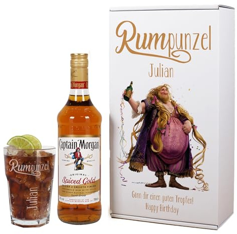 Herz & Heim® Personalisiertes Rum Geschenkset Rumpunzel mit Captain Morgan, graviertem Glas & individueller Geschenkverpackung aus Holz oder Karton – Lustiges Geschenk für Männer (Geschenkkarton)