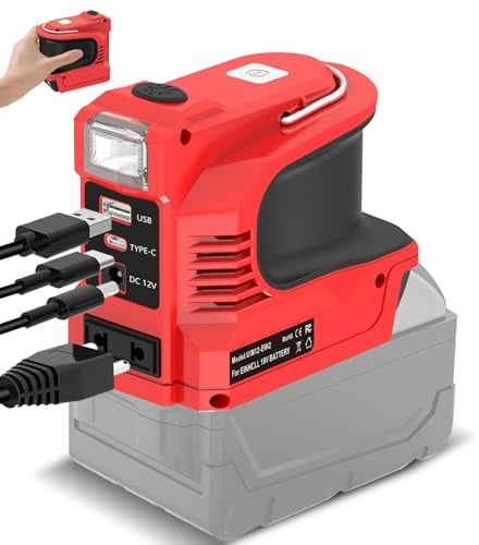 Akku Wechselrichter für Einhell 18V Akku, DC 18V auf AC 220V Spannungswandler Adapter mit USB Typ-C DC12V Anschluss und AC Steckdose und LED Lampe, Notstromaggregat für Camping