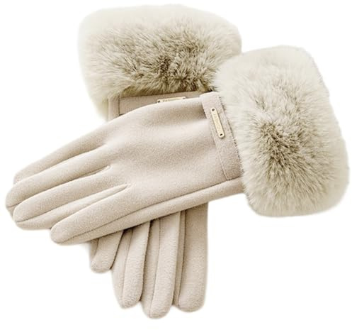 1 Paar Handschuhe Winter Damen Kaninchenfell-Handschuhe Dicke Fahrradhandschuhe Touchscreen Reithandschuhe Winddicht Winterhandschuhe für Skifahren Radfahren Wandern Laufen,Beige