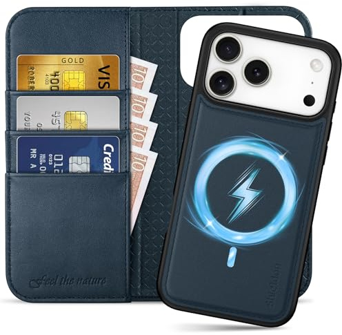 SHIELDON Abnehmbare Lederhülle für iPhone 17 Pro Max 6,9 5G, Marineblau | 2 IN 1 Handyhülle, Echtleder, Kabelloses Laden, RFID Blocker, Kartenfach, Magnetverschluss, Handy-Ösen