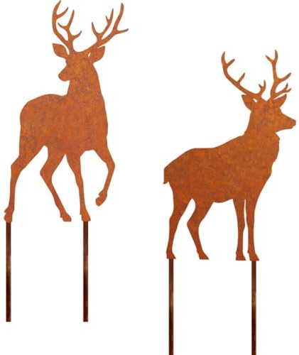 Voarge 2 Stück Roststecker Hirsch Weihnachtsdeko, Rost Gartenstecker Metall Rentier Weihnachten Deko Draußen Herbstdeko Outdoor