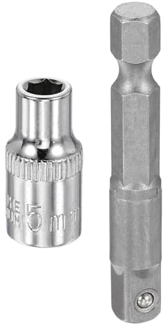 sourcing map Deep 6-Point Impact Socket 1/4 Drive 5mm Metric Socket 25mm (1) Long with 1/4 Hex Shank Adapter, CR-V Steel Socket Adapter Accessory Tool Set Kit for Hex Bolts Nuts