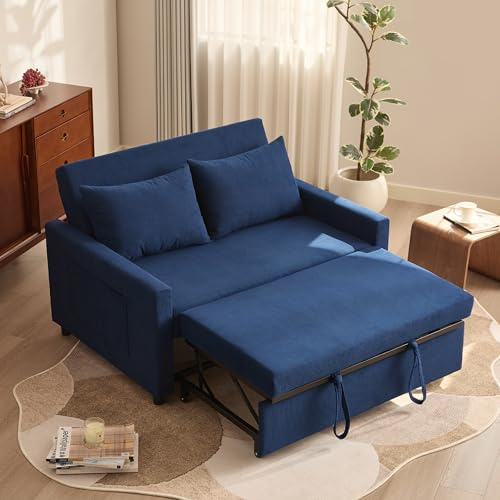 Litbird 2 Seater Sofa Bed, 3-in-1 Convertible Pull Out Sleeper Sofa, Set of Corduroy Fabric Loveseat with Adjustable Backrest & Side Pockets for Living Room, Guest Room, Apartment,Navy