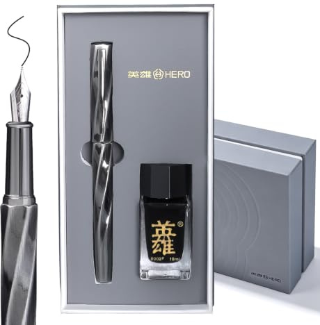 HERO Fountain Pen Set; Fine Nib; Brushed Silver Metal with Twisted Grain Finish, Premium Gift Box, Ideal for Gifting, Journaling, Calligraphy, Smooth Writing Pens