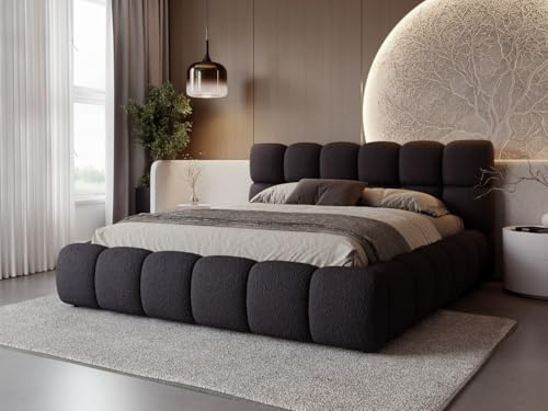 GRAINGOLD Modo Bett 160x200, Polsterbett mit Bettkasten, Polsterbett mit Stauraum, Bouclé-Stoff, mit Lattenrost, mit Kopfteil, ohne Matratze (Schwarz, 160x200)
