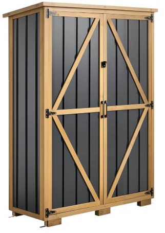 VEVOR Armoire Jardin en Bois et Métal 117x160 cm Meuble Rangement Extérieur, pour Terrasse, Balcon, Étanche, avec Toit Incliné, Étagère Amovible, Base Surélevée, Porte Verrouillable, Noir et Marron