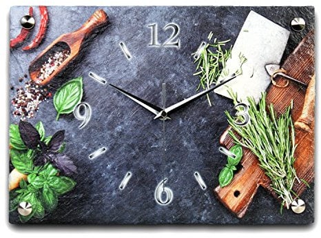 Designer-Wanduhr aus Stein (Keramik) Größe ca. 35x25cm mit flüsterleisem Uhrwerk (Kräuter, leises Funkuhrwerk)