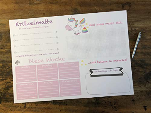 Schreibtischunterlage DIN A2 für Kinder Mädchen XXL EINHORN KRITZELMATTE Schreibunterlage mit 25 Blatt Papier zum Abreißen 'Get some magic shit' (1 Stück)
