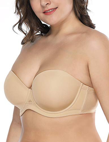 Deyllo Damen Trägerloser BH Bügel Halbschalen Große Größen BH mit Geformte Cups Multiway(Beige,100D)