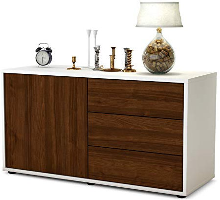 Stil.Zeit TV Schrank Lowboard Alessandra, Korpus Weiss matt, Front Holz Design Walnuss (92x49x35cm), Push to Open Technik & Leichtlaufschienen