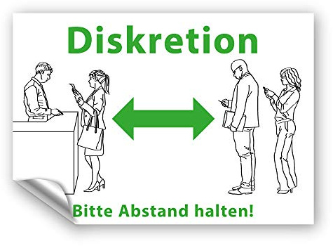 Aufkleber Diskretion - Bitte Abstand halten! Warnhinweis UV-beständig & wasserfestes PVC - 300x195 mm - auch für Außen (grün)
