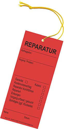 150 Hängeetiketten - Schnuranhänger - Warenanhänger: Aus Karton mit dem Aufdruck REPARATUR - 60x140 mm - Staffelpreise für Businesskunden ab 3, 6 oder 11 Verpackungseinheiten (VE)