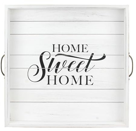 CKK Plateau de service en bois avec poignées en métal Blanc usé