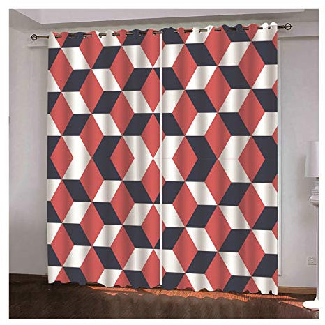 Daesar Rideau 2 Pieces Rideau Feuille Salon Losange Quadrilatère Rideau Thermique Occultant 137x160CM Rideaux Occultants Rose Blanc Gris