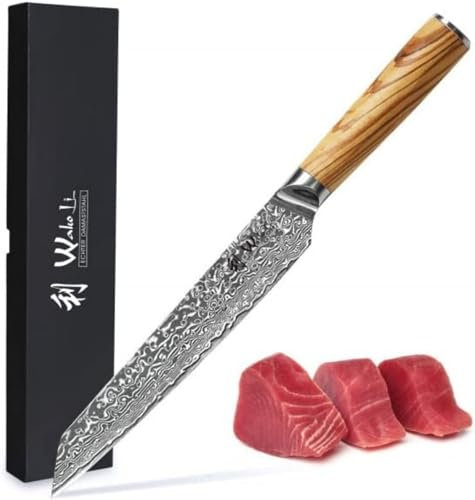 Wakoli Oribu Damast Fleischmesser I 20 cm Klinge aus 67 Lagen japanischem Damaststahl, AUS-10 Kern, Olivenholzgriff - Inklusive Geschenkbox, Scharf und langlebig