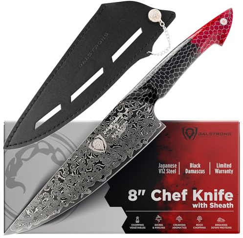 Dalstrong Chef Knife - 8 inch Blade - AUS-12V Exclusive Japanese Steel - Black Damascus Full Tang - Honeycomb Handle - Chef's Knife - Scorpion Series - Razor Sharp Kitchen - Leather Sheath