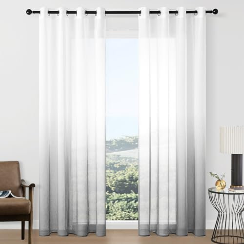 CUTEWIND Farbverlauf Vorhänge mit Ösen Transparente Gardinen Tüll und Voile Dekoschal für Fenster Schlafzimmer und Wohnzimmer 2er Set 225x140cm (HxB) Weiß-Grau