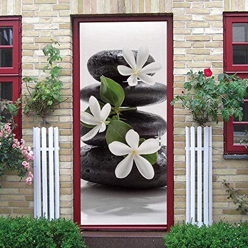 LuSeven stickers paroi de douche Nature morte fleurs noir pierres 90x215cm Sticker Porte Effet 3D - Autocollant Trompe l'œil pour Porte - Décoration pour Porte Cuisine, Salon, Chambre, Salle de Bain