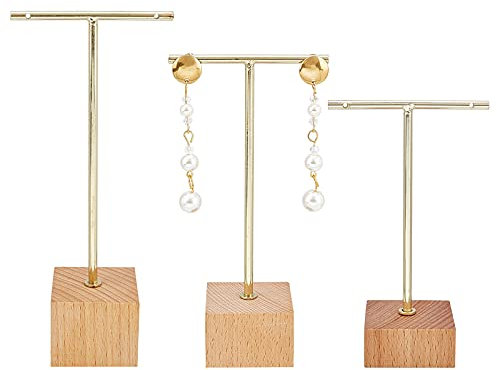 FINGERINSPIRE Gold Metall 3 Stück T Bar Ohrring Displayständer mit Holz Base Schmuck Inhaber Hängen Schmuck Organizer Für den Laden Einzelhandel Fotografie Requisiten 【Gold- Square Base 3 Höhe】