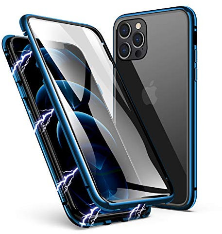 LONYAN Compatible with iPhone 12 Pro/iPhone 12 Case, Magnetic Adsorption Protective Hard Case Front and Back Tempered Glass Full Screen Coverage One-Piece Design Flip Cover (Navy Blue)