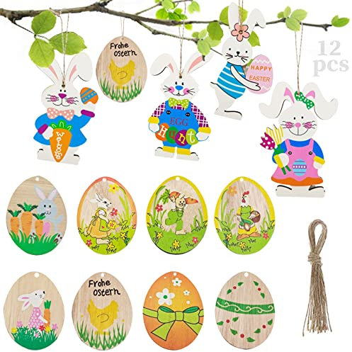 Seasboes Osteranhänger Hase Holz, Osterhase AnhäNger, Hase Blumen Henne Eier Holzverzierung 12 Stück, Ostern Deko, für Ostern und Frühling zum Dekorieren