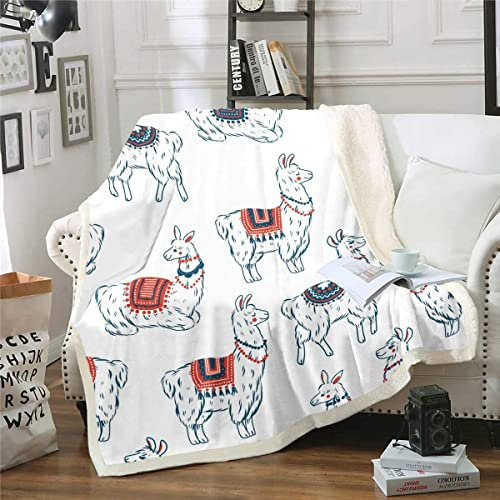 Loussiesd Nettes Lama Flanell Fleecedecke Mädchen Karikatur Lama Alpaka Kuscheldecke 75x100cm Schönes Tier Thema Wohndecke für Bett Frauen Rot Blau Weiß Stammes