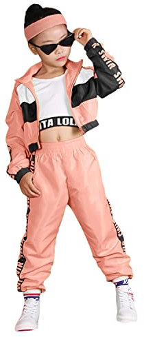 LOLANTA 3 pezzi vestiti hip hop per ragazze, tuta colorblock retrò anni '80, canotta corta, giacca con cerniera, pantaloni jogger, Rosa, 10-11 anni, 150