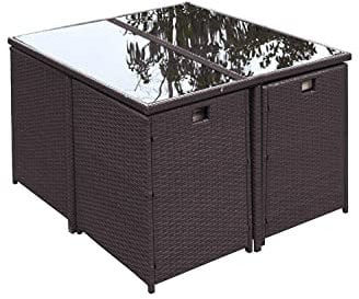 CONCEPT USINE - Salon De Jardin Florida 8 Personnes en Résine Tressée Marron - 1 Table en Verre - 4 Fauteuils - 4 Poufs - Coussins Blanc - Encastrable, Résistant, Imperméable