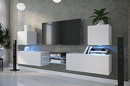 Furnitech Wohnwand Wohnzimmer | Hängend Wohnwand Modern | Wohnzimmer Schrankwand mit Regale und TV Schrank | Wohnzimmer Möbel ohne LED (D144N-21W-M4-1A)