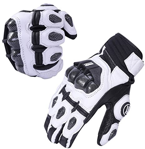 Harssidanzar MotorräderHandschuhe für Herren,echtes Leder Vollfinger Motorradfahren Powersports Knöchelschutz Rennrad-Handschuhe KM046,Weiß/Schwarz,Größe M