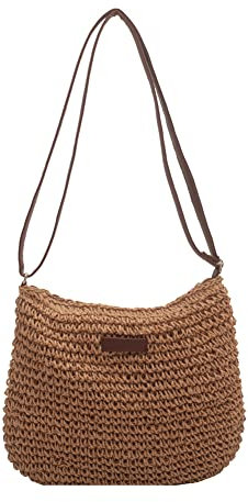 Korbtasche Crossbody Bag, Sommer Strandtasche Stroh Groß mit Reißverschluss, Stroh Handtasche Damen Umhängetasche, Handgemachte Gewebte Strohtasche mit Leder Schultergurt für Strand Reise Einkauf