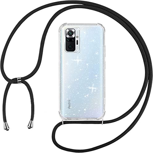Tikgue Funda con Cuerda para Xiaomi Redmi Note 10 Pro/Note 10 Pro MAX, Carcasa Glitter Brillante Transparente Suave Silicona Capa con Colgante Ajustable Collar Correa de Cuello Colgar Cordón - Negro