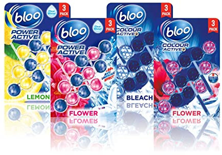 Bloo Rim Block Mixed Pack, Total 12 x Rim Blocks. Try four different Bloo RimBlocks. 3 x Colour Water Fresh Flowers, 3 x Colour Water Bleach, 3 x Clear Water Lemon, 3 x Clear Water Fresh Flower