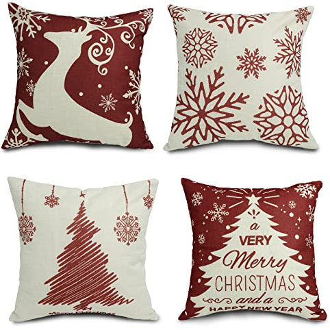 CALIYO Kissenbezug 40x40 cm 4er Set, Weihnachts-Dekoration Kissenhülle Leinenlook für Zierkissen Dekokissen Sofakissen Couchkissen, Weihnachtsschmuck Kissenbezüge Weihnachtsdeko Christmas decorations.