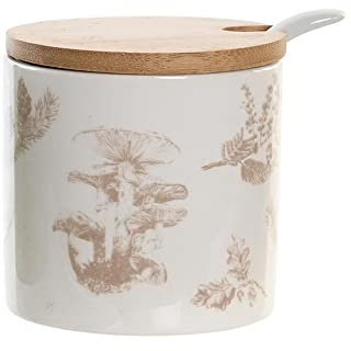 PLUS HOME Azucarero Cocina, Ceramica con Tapa Madera Diseño Modernos.Blanco con dibujo 7,5X7,5X7,5cm