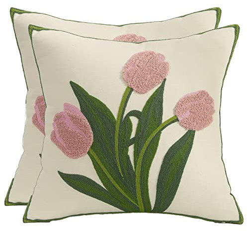 Tosleo 2 Stück Set Kissenhülle Bestickte dekorative Wurfkissenbezüge 45 x 45 cm für Gartenlounge Sofa Dekokissen Wohnzimmer Schlafzimmer Kissenbezüge Blumenmuster