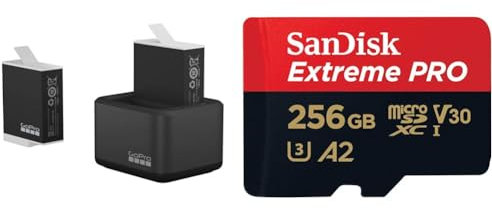 GoPro Dual-Akkuladegerät + 2 Enduro-Akkus & SanDisk Extreme PRO microSDXC UHS-I Speicherkarte 256 GB + Adapter & RescuePRO Deluxe (A2, Class 10, V30, U3, 200 MB/s Übertragung)
