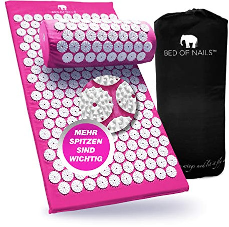 BED OF NAILS Das bequeme Massageset mit Akupressurmatte und Kissen – Akupunkturmatte und Kissenset inklusive Tragetasche, Pink
