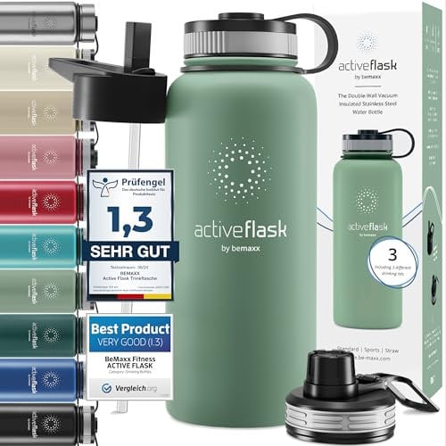 Stainless Steel Water Bottle with Straw & 3 Lids: 1 & 0,5L Leak-Proof BPA-Free Vacuum Insulated ACTIVE FLASK Drinking Bottles Hot Cold: Double Walled Outdoor Drink Thermo Mug Tea Coffee Sport Gym Bike