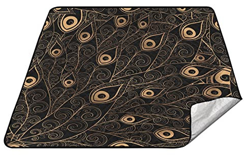 Sanddichte Parkdecke Strandtuch mit Stauraum für Reisen Gold Schwarz Federn