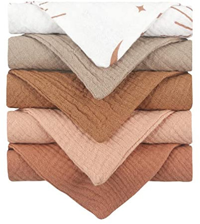 NRVTRE Set di 5 panni di garza per bambini, in 100% cotone, 23 x 23 cm, in mussola, ideali come pannolini di garza e salviette per lo sputo, per bambini, ragazzi e ragazze