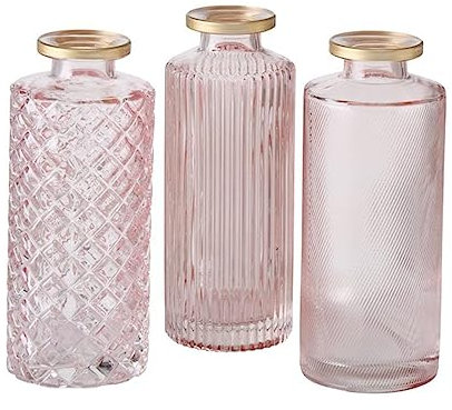 Set di 3 vasi in vetro a forma di bottiglia, decorazione da tavolo con finitura in rilievo, per fiori, erbe e rami, accessori decorativi, oro rosa