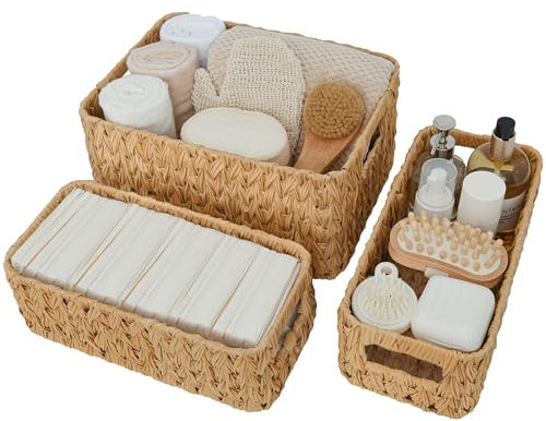 GRANNY SAYS Wicker Baskets for Organising, Pack of 3 Plastic Storage Baskets for Shelves, 1 Large Wicker Storage Basket and 2 Long Baskets Waterproof, Wicker Storage Baskets for Bathroom Shelf