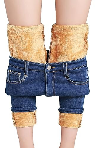 Thermo Leggings Damen Jeans, Thermojeans Damen Winter Gefüttert: -Winterleggings Skinny Stretch Jeanshose Fleece-Thermohose Warm Freizeithose Thermo-Winterhose Trekkinghose Strumpfhosen Jeggings