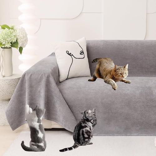 Loiion Protection Canapé Chat, Anti Griffe Chat Canapé, Protege Canape Impermeable, Couvre Canapé 3 Places, Sofa Cover Antidérapante, Couvre Canapé pour Chiens Chats Animaux, Gris, 340x180cm