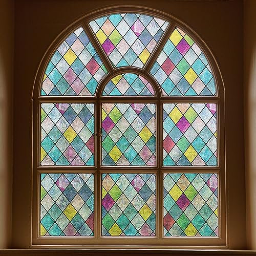 FEOMOS Fensterfolie Blickdicht Bunt, Regenbogen Gitter Folie Fenster Sichtschutz Selbsthaftend, Fensterfolien Statisch Haftend Anti-UV für Schlafzimmer Küche Wohnzimmer 60cm x 200 cm