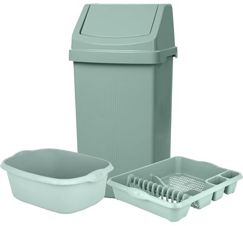 KetoPlastics Sage Green 3 Piece Kitchen Set - 50L Bin, 14L Rectangular Washing Up Bowl, Large Dish Drainer for Home - Made in UK