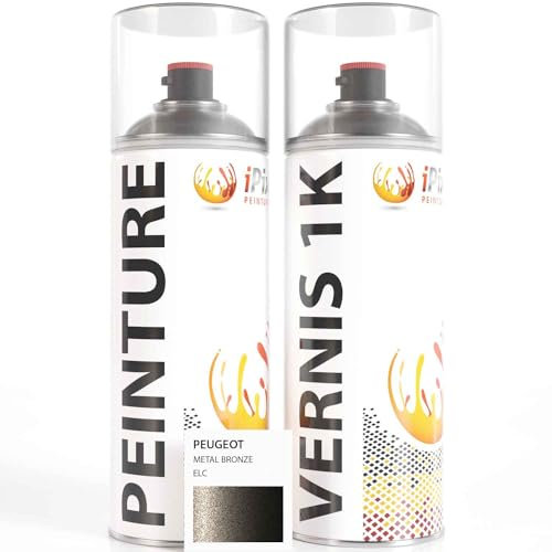 ipixline Kit Retouche Peinture Carrosserie Voiture - Bombe Aérosol Peinture Auto 400 ml, Vernis Brillant 1k 400 ml - Compatible avec Peugeot - Metal Bronze ELC