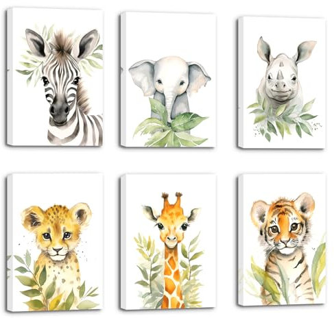 ZXHYWYM Safari Tier Kinderzimmer WandDekor 6 Teilig Waldbaby Tierbild Leinwanddrucke Aquarell Dschungeltier Poster für Kinderzimmer Klassenzimmer Dekor (Bild-2, (20.00 x 30.00 cms x 6 Teilig))