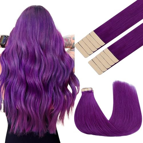 GOO GOO Tape in Hair Extensions Echthaar, Purple 10pcs 25g 35cm, Farbige Tape ins Echthaar Extensions, Silky&Soft Invisible Tape Ins, Straight Remy Hair Highlighted for Party
